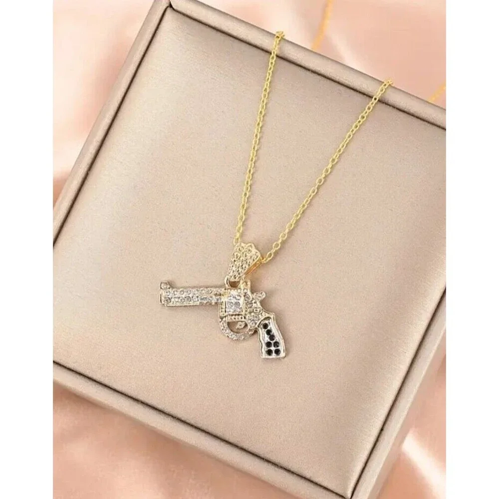 ICED Gold Pistol Hand Gun Clear & Black RHINESTONES on Gold Necklace